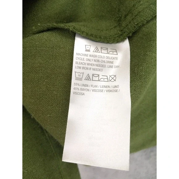 Susan Graver Pure Olive Green Linen Blend Mandarin Collar Button Up Shirt Top XL - Picture 9 of 10